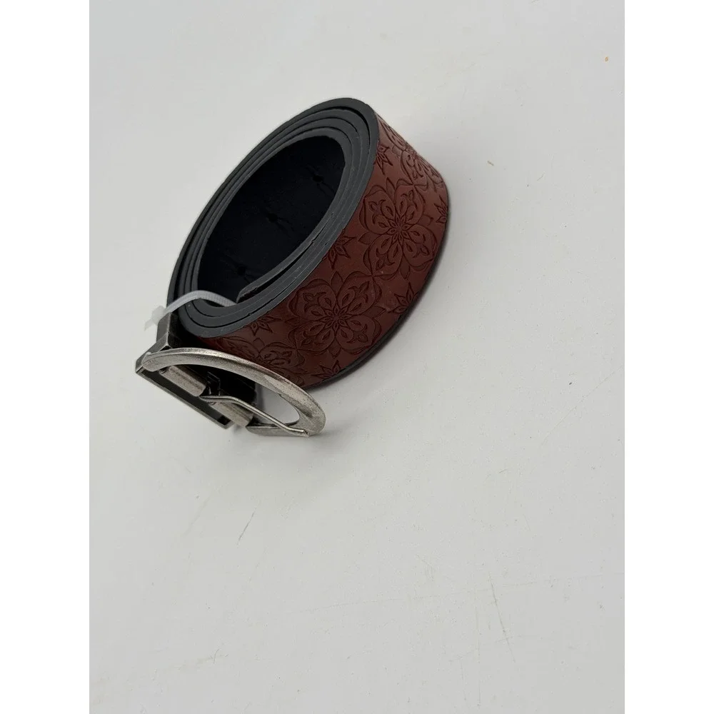 Womens Brown Floral Tooled Embossed Reversible Belt Silver Buckle Boho Western